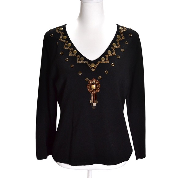 Carducci Sweaters - Carducci Glam Retro Evening Date Night Winter Embellished Knit V-Neck Top Black